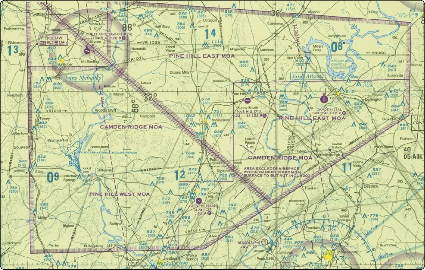 Sectional chart excerpt showing several military operation areas — Camden Ridge MOA, Pine Hill East MOA, and Pine Hill West MOA — each outlined by a magenta hatched boundary.