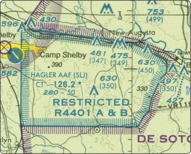 Sectional chart excerpt showing restricted area R-4401 A & B near Camp Shelby, outlined by a blue hatched boundary and labeled "RESTRICTED R-4401 A & B".