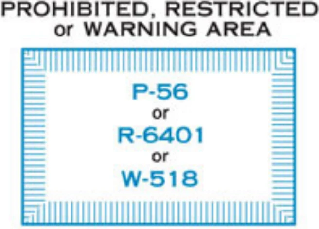 Aeronautical chart legend swatch for a prohibited, restricted, or warning area — a blue hatched boundary box labeled with the examples P-56, R-6401, and W-518.