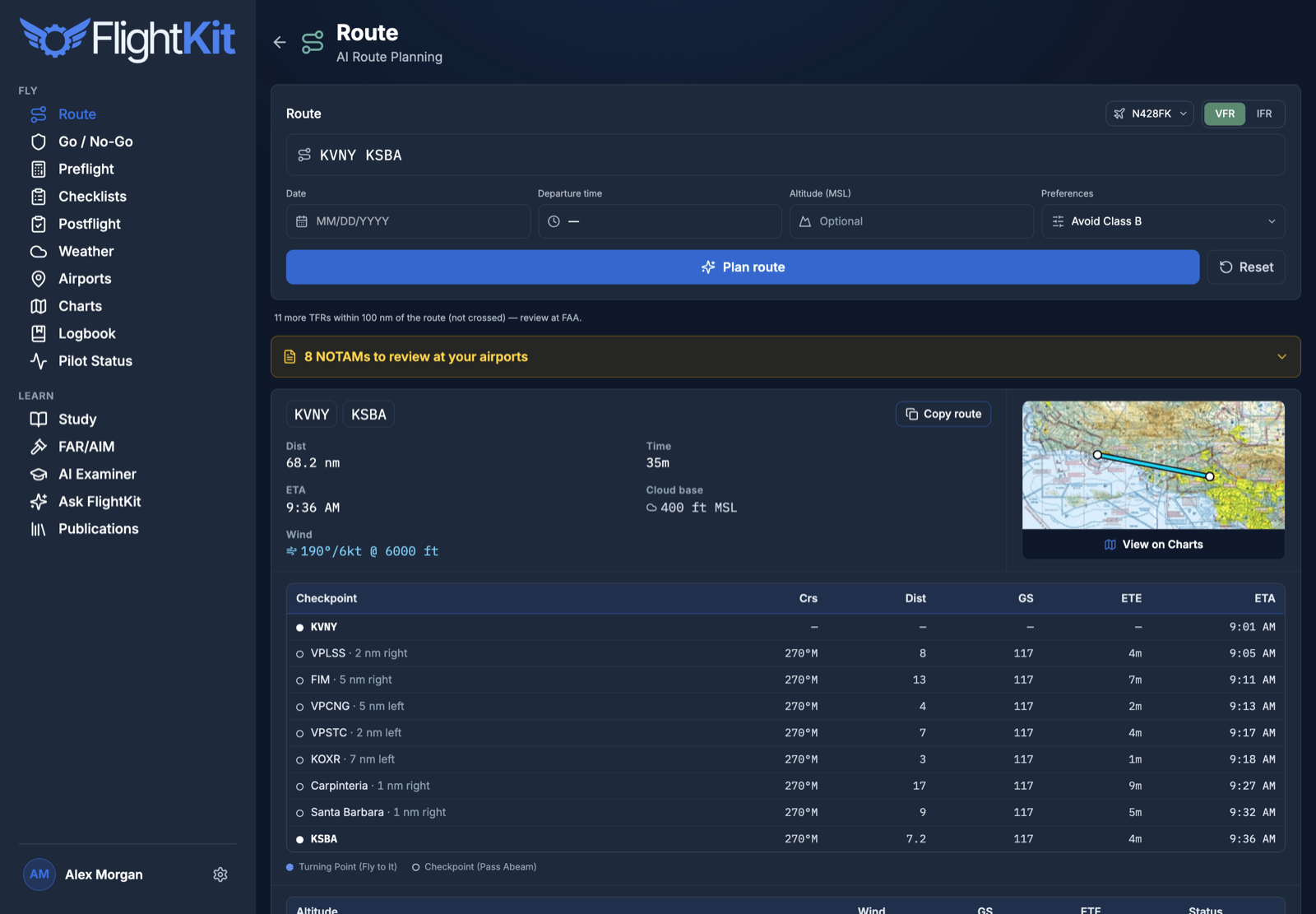 FlightKit Route planner — A VFR nav log that plans around the airspace