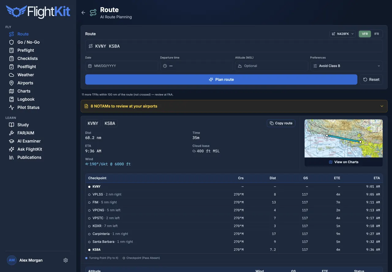 FlightKit Route planner — A VFR nav log that plans around the airspace